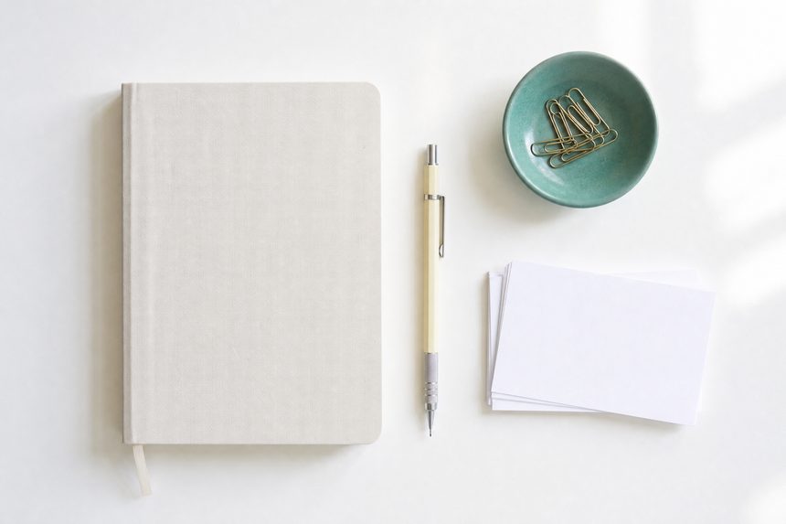 A bright minimal desk seen from above with a closed notebook, a mechanical pencil, blank index cards and a teal dish of paper clips
