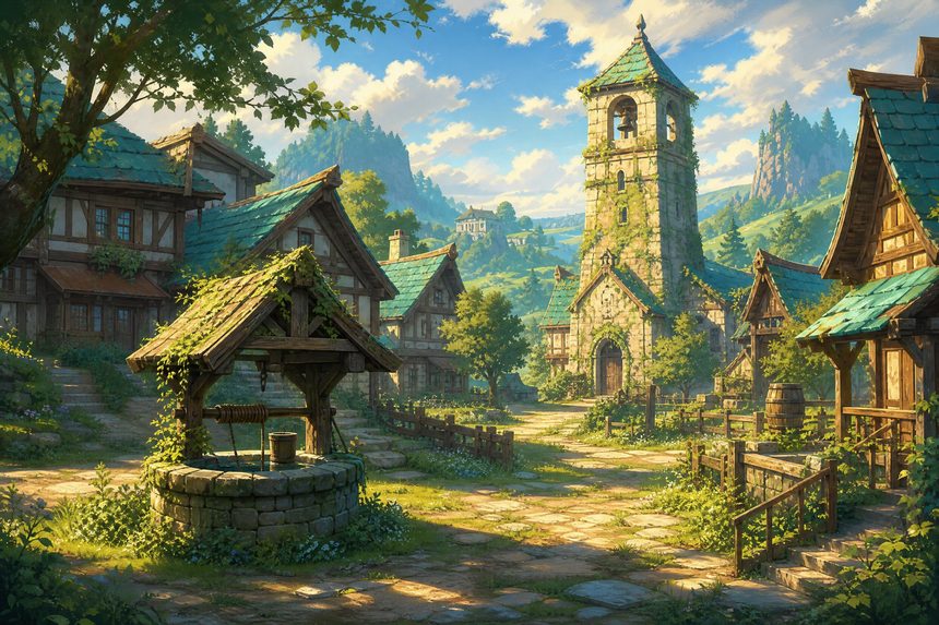 A fantasy village of timber houses around a well with a bell tower and overgrown paths