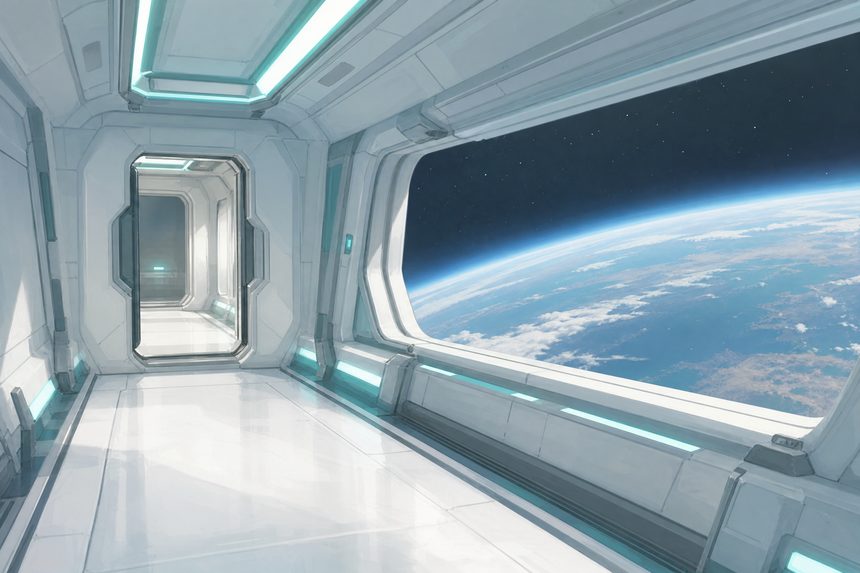 A white space station corridor with teal light strips and a viewport showing a planet's edge