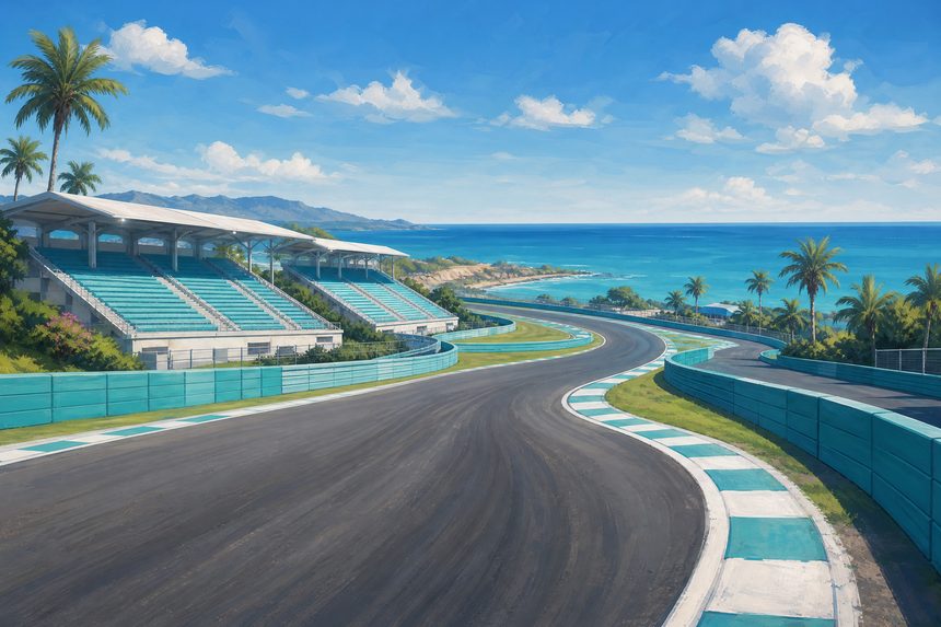 A coastal racing circuit with teal barriers, white kerbs and empty grandstands