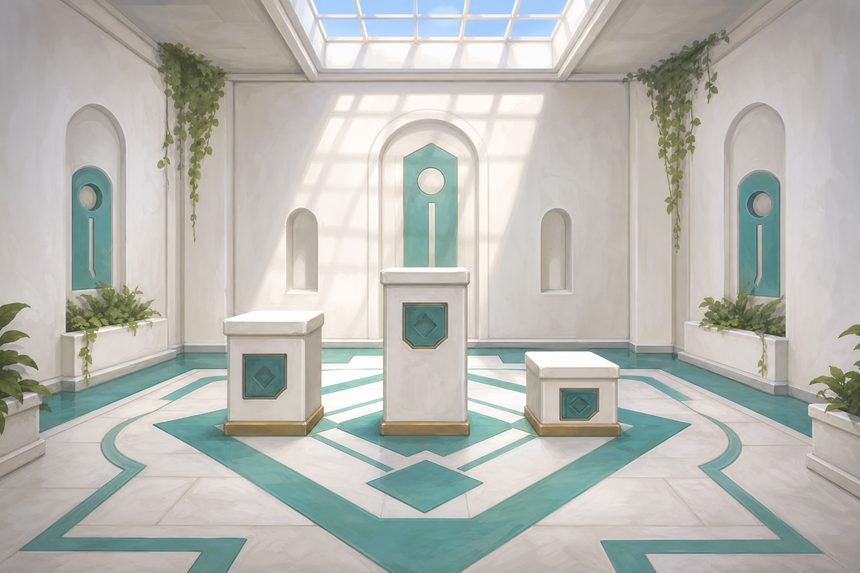 A bright gallery room with a teal geometric floor and three plinths of different heights