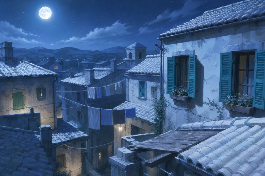 Pale tiled rooftops under a moonlit sky with teal shutters and washing lines