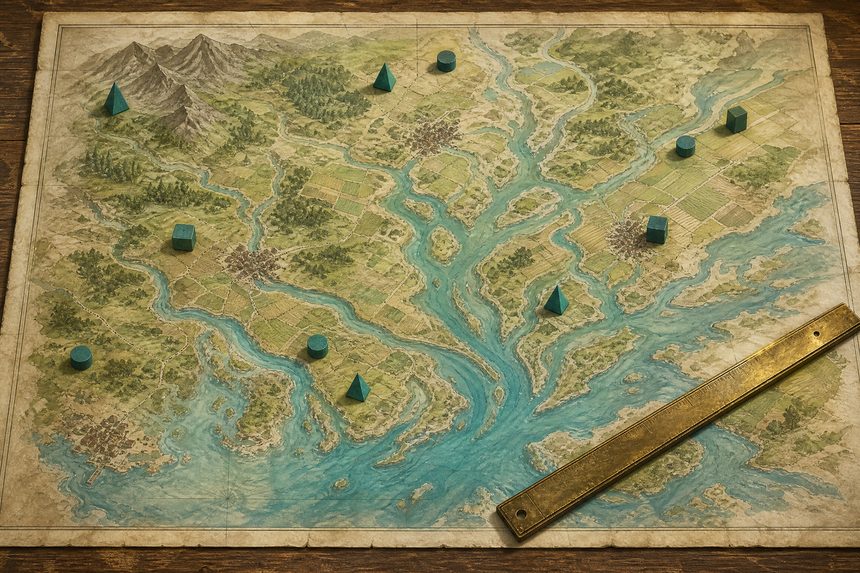 A parchment map of a river delta with teal wooden markers and a brass ruler